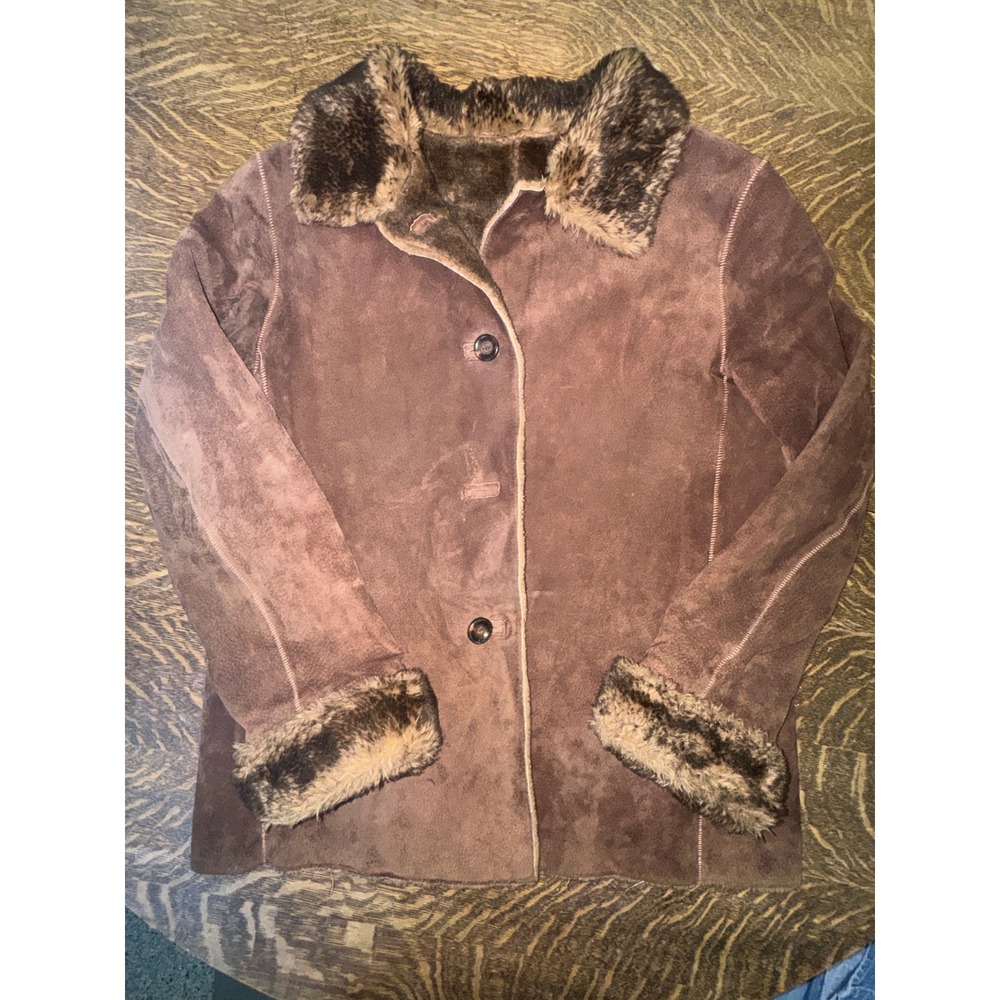 Y2K New York & Company Suede Leather Penny Lane Coat Faux Fur Collar Brown Sz L